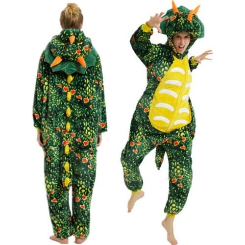 Adult Green Triceratops Dinosaur Kigurumi Women Men Funny Flannel Unicorn Animal Cosplay Onesies Costume Winter Anime Jumpsuit