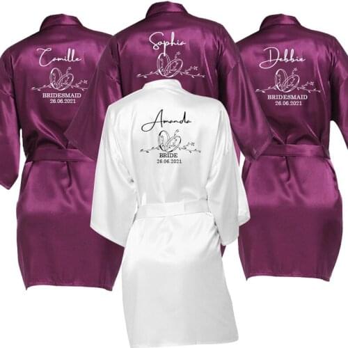 Custom Wedding Date Name Faux Silk Kimono Robe Women Wedding Bride Bridesmaid Robes Bachelorette Party