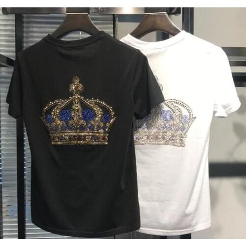 New Men T-shirt Cotton Short Sleeves black Hot drill Mens Tee Summer Brand Clothing Homme Diamond stone