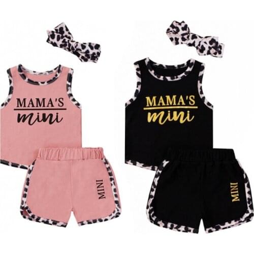 Ins Newborn Baby Girl Clothes Sleeveless Letter Leopard Vest +Leopard-print Shorts+Bow-Tie Headband Children Clothing Outfits