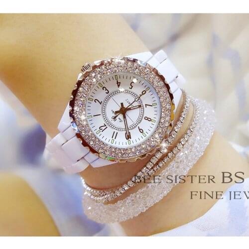 Famous Brand Women Luxury Diamond Bracelet Ceramic Band Watch Women Luxury Crystal Stylish Bracelet Rhinestone Charm Bangle