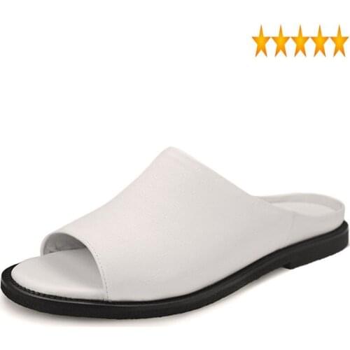 Indoor 2021 Men Euro Fashion Bathing Slides Genuine Leather Casual Beach Shoes Male Open Toes Summer Slippers Black White