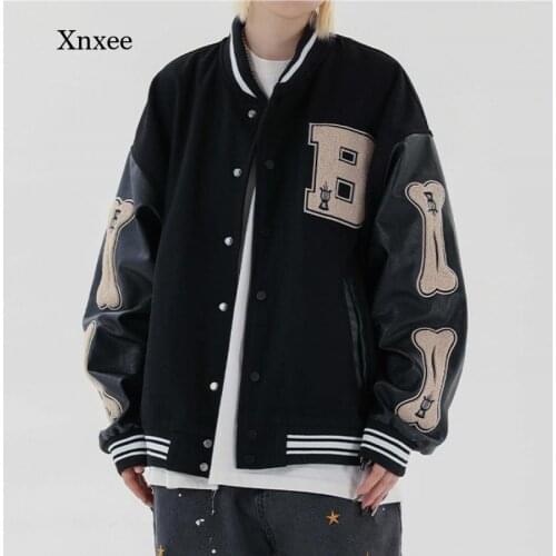 Men Block Jackets Hip Hop Furry Bone Patchwork Color Mens Harajuku Streetwear Bomber Jacket Baseball Coats Unisex Clothing