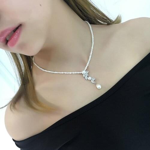 Hot sell new style 38cm 3-4mm white freshwater pearl necklace leaves zircon accessories fashion jewelry