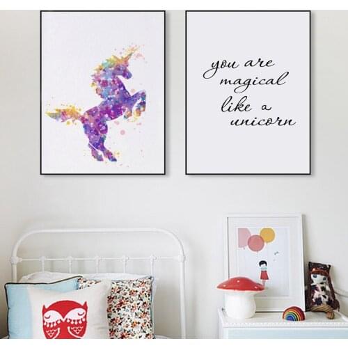 Cartoon Unicorn Wall Art Print And Poster Nursery Decor , Watercolor Unicorn Canvas Painting Wall Picture Kids Room Decoration