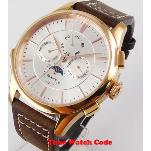 PARNIS 44mm Automatic Mens Watch Silver Dial Day Date indicator Moon Phase coffee strap rose golden plated case Roman numerals