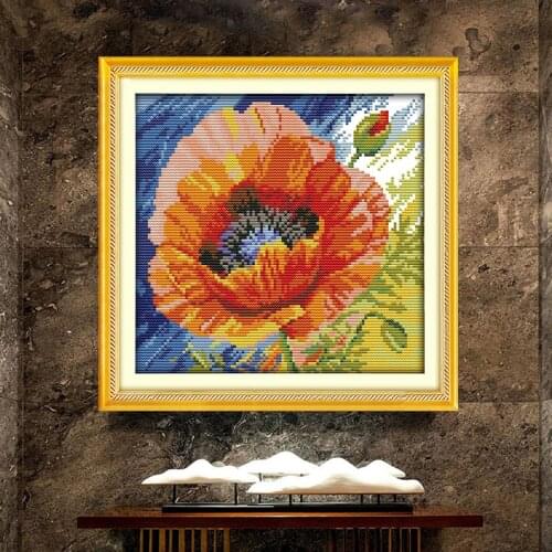 Orange poppy counted 11CT 14CT Cross Stitch Set DIY DMC Chinese A small flower Cross-stitch Kit Embroidery Needlework Home Decor