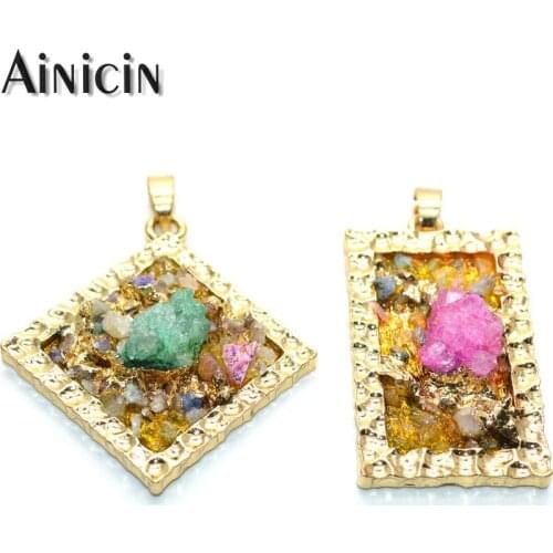 5pcs Natural Druzy Crystal Paved On Gold Square Rectangle Shape Pendants Long Necklace Making Fashion Rugged Drusy Jewelry