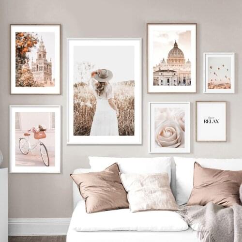 Rose Reed Peony Girl Retro Street City View Bicycle Wall Art Canvas Painting Posters And Prints Living Room Nordic Style Decor