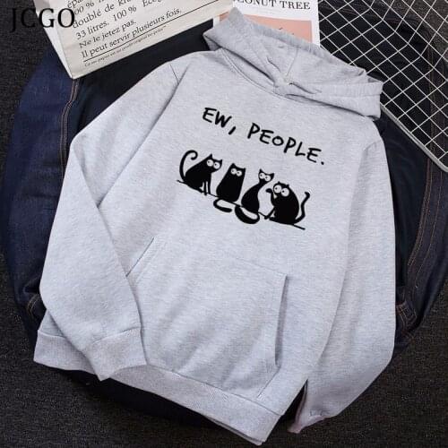 JCGO Winter Sweatshirt Fleece Hooded Women Hoodie Cartoon Cat Print Loose Oversized Pullovers Casual Female Warm Jacket Harajuku