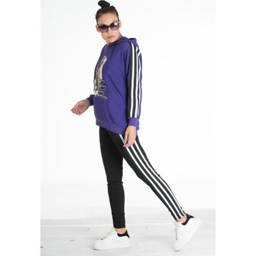 3 yarn Hooded Line Detailed Girl Printed Tracksuit Set