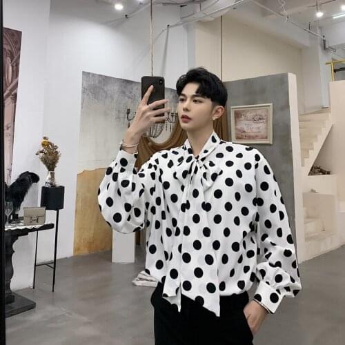 Dot New Vintage Print Men Shirt Causal Loose Long Sleeve Camisa Masculina Fashion Streetwear Shirt Male Tie Bow Collar Shirts