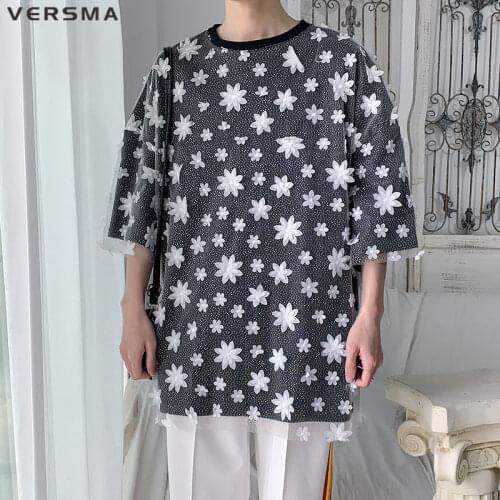 VERSMA Japanese Chic Flower Stitch Net Yarn Mesh T-shirt Men Women Oversized Streetwear Fake Two Piece T-shirt Men Dropshipping