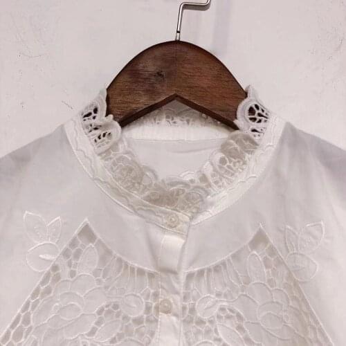 Women Spring/Summer 2021 Solid Color Stand-up Collar Embroidery Crochet Hollow Out Blouse Top