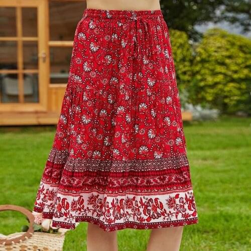 Red Floral Printing Midi Summer Beach Skirts High Waist A-line Casual Skirts Womens Elastic Waist Streetwear Skirt 2021