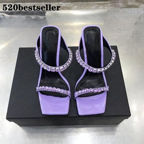 Women Lady High heels sandals Purple Crystal Rhinestone SQUARE Toe Leather Mules summer Slide loafer flip flop 2021 fashion sexy