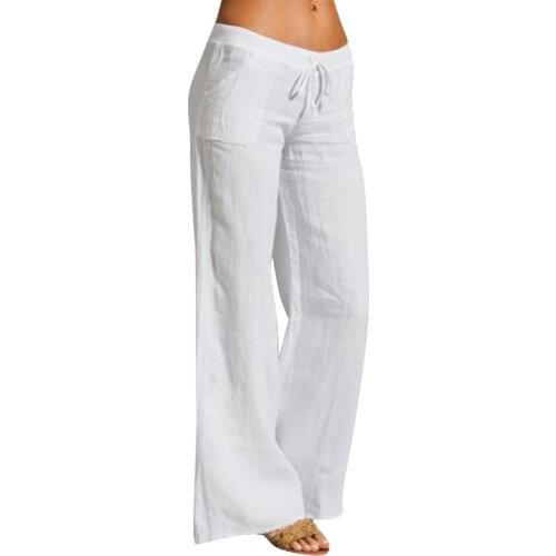 Women Casual Solid Cotton Linen Elastic Waist Drawstring Long Wide Leg Pants Ankle-Length Long Trousers Female Slacks 2021 New