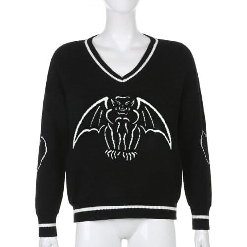 Womens V Neck Sweaters, Classic Heart Long Sleeve Bat Print Loose Fit Knitted Tops