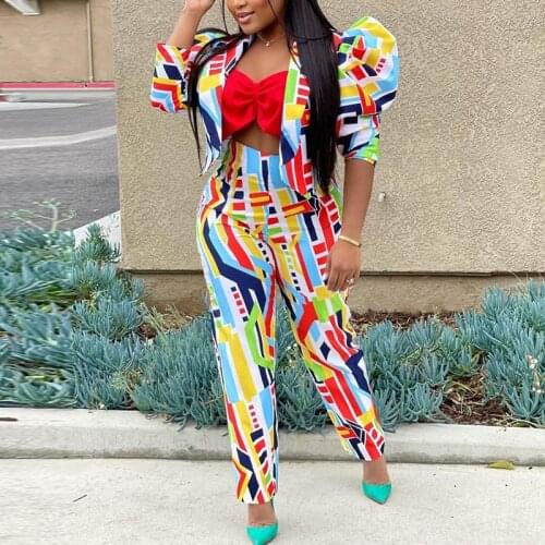 Women Two Piece Funny Printed Hollow Suits Puff Long Sleeve Top & Slim Long Pants Set 2021 Fall