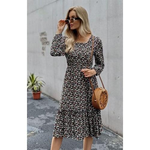 Women Long Dress Autumn Winter Long Sleeve Elegant Ladies Flower Square Collar Dresses Party 2021 Black Clothes For Woman