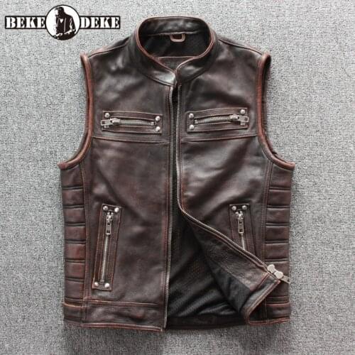 Genuine Cow Leather Vest Mens Real Leather Motorcycle Biker Vest High Quality Stand Collar Sleeveless Jacket Waistcoat Outwear