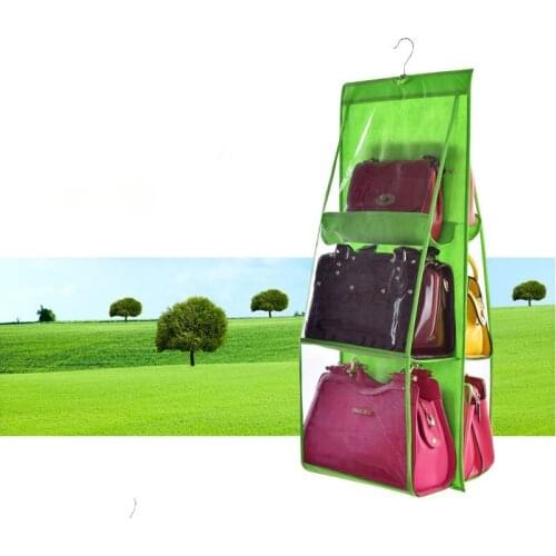 1PC Practical 6 Pockets Clear Hanging Purse Handbag Tote Bag Storage Organizer Closet Rack Bag Storage Basket QA 181