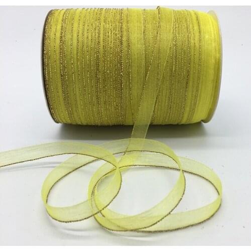 10yds/lot 3/8" 10mm Yellow Glitter Golden Rimmed Organza Ribbon Bow Hair Wedding Decoration Lace Crafts
