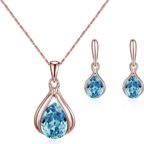 2021 New Crystal Blue Opal Gold Color Choker Women Cute Chain Pendant Necklace Girls Collar Collier Jewelry Party