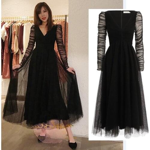 8373 winter flocking New wave point fluffy black lace perspective princess dress