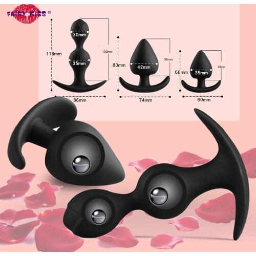Anal Butt Plug Metal Balls Inside Soft Black Silicone Waterproof Prostate Anal Butt Plug Massager Beads Trainer For Women Men