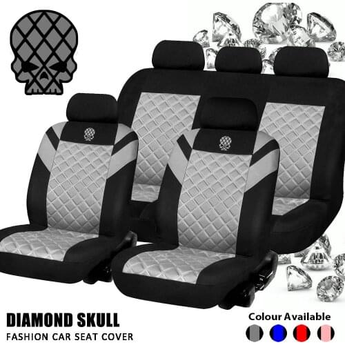 Skull Embroidery Diamond Pattern Embossed Full Set & 2 Front Seats Cool Interior Accessories Universal Car Seat Cover