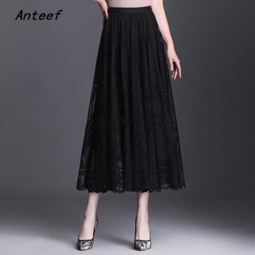 Black lace vintage floral high waist pleated autumn summer casual loose long for woman skirts womens 2021 skirt clothes