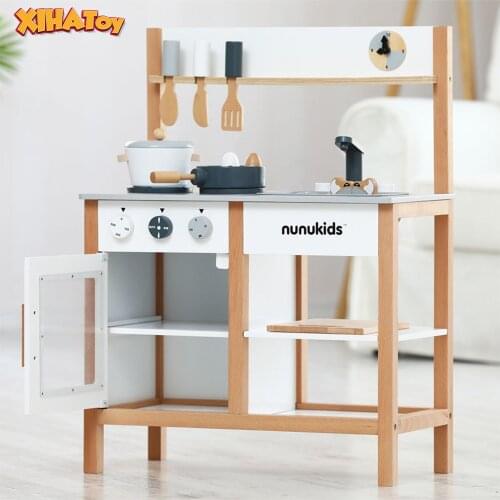Kids Wooden Kitchen Toys Pretend Play House Simulation Kitchenware Childrens Cooking With Crab 2-4 Years Table Full Set Gift