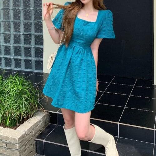 French square collar short-sleeved dress women summer 2021 new dress Korean waist a-line short dress trend