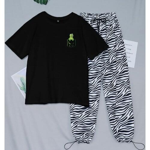 Cute Frog T-Shirt Cotton Retro Striped Pants Trousers Women 90s Aesthetic Plus Size T Shirt Aesthetic All-match Two-piece Suits