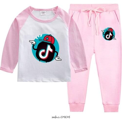 Tik Tok girls long sleeve tee pant 2pcs sets kids spring autumn suits clothes girls Tik Tok cartoon costume