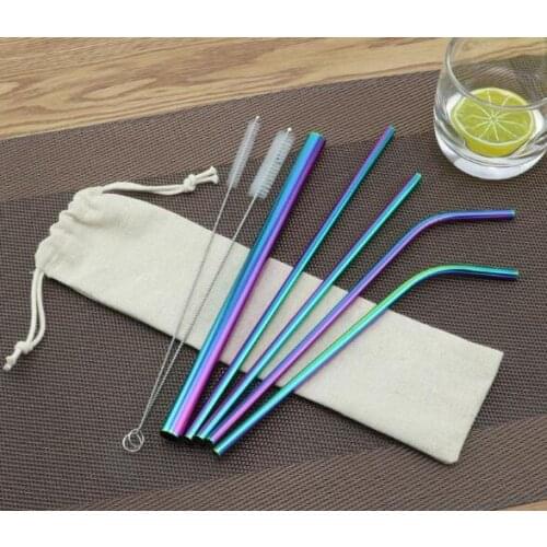 Colorful Stainless Steel Drinking Straws Reusable Metal Straws With Cleaner Brush And Storage Pouch Bag