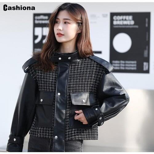 Women Faux Pu Leather Jackets Fashion 2021 New Patchwork Outerwear Slim Coats Pockets Zipper Biker Jacket Womens Top Streetwear