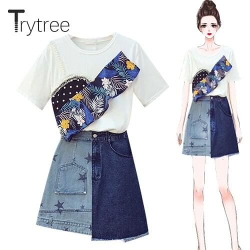 Trytree 2020 Summer Women Two Piece Set Casual O-neck Patchwork Print Ruffles T-shirt Tops + Skirt Star A-line Mini 2 Piece Set