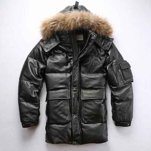 AVFLY New Men 2020 Black Long Cowskin Leather Down Jacket Men Winter Thick Warm Russian Leather Down Coats Free Shipping