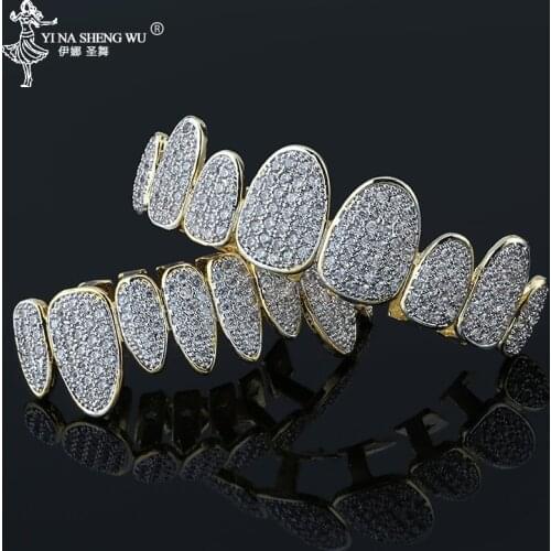 New Arrival Hip Hop Gold Color Iced Out Teeth Grillz Top & Bottom Grills Dental Mouth Punk Teeth Caps Cosplay Party Jewelry