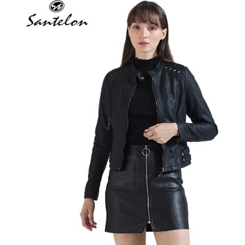 Santelon 2020 New Winter Faux Soft PU Leather Jackets For Women Coats Plus Velvet Fashion Rivets Slim Design Long Sleeve S20001