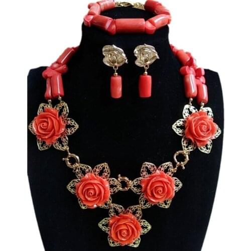 4ujewelry Original Nature Coral Beads Necklace Jewelry African Wedding Bridal Jewelry Set Orange Nigerian Necklace Set for Women