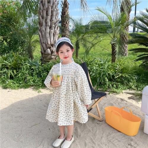 Baby Girl Princess Dress 2021 Korean Style Girls' Pastoral Style Lace Puff Sleeve Yellow Floral Elegant Dress