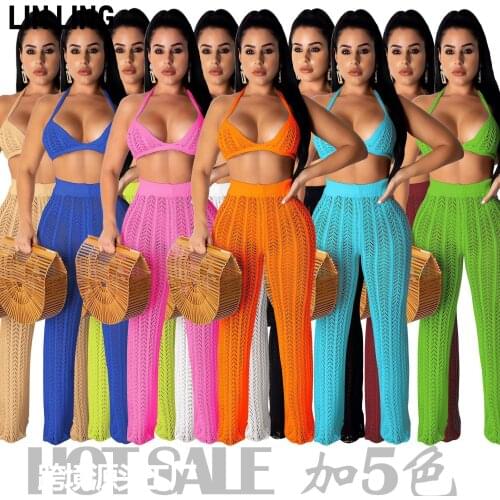 LINLING Mesh Sheer Beach Two Piece Set with Panties Women Sexy Bra Crop Top and Pant Swimwear 2 Piece Club Outfits Matching Sets