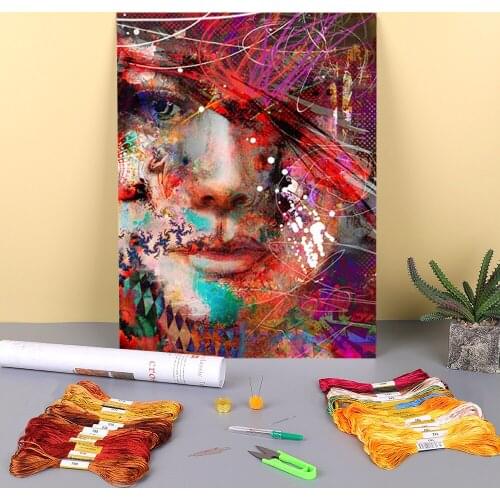 Woman Portrait Printed Fabric 11CT Cross Stitch Complete Kit Embroidery DMC Threads Knitting Needlework Handiwork Hobby Gift