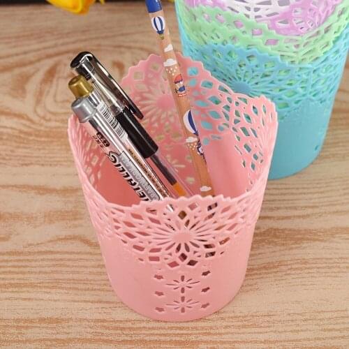 Hollow Out Pen Pencil Storage Makeup Brush Holder Desk Organizer Flower Vase Pot Cute Desk Organizer Candy Color Mini Trash Can
