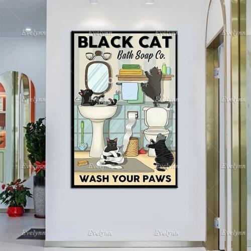Cat Poster - Black Cat Bath Soap Co. Wash Your Paws, Funny Cats Art Print, Bathroom Wall Decor, Toilet Canvas, Best Gifts Ever