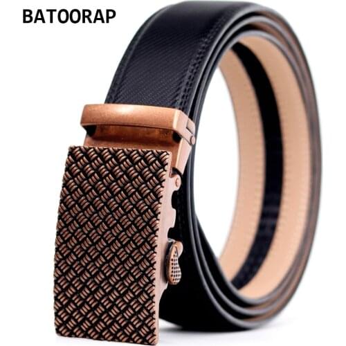 Genuine Leather Belts Black Luxury Cowhide Mens Belt Ratchet High Quality Bronze Metal Automatic Buckle Formal Waist Strap Male