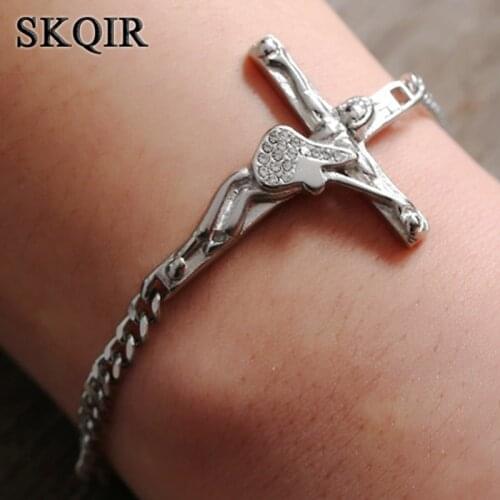 Silver Color Guitar Cross Bracelet Clear Rhinestone Crystal Stainless Steel Chain Bangle Crucifix Johnny Hallyday Women Men Gift